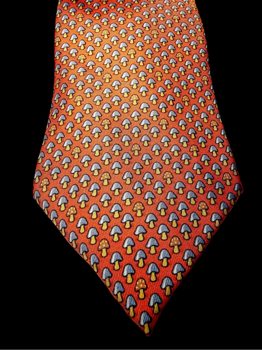 Hermes Orange Tie with Blue and Yellow Mushroom Motif